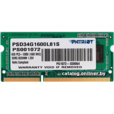 Оперативная память Patriot Memory for Ultrabook 4GB DDR3 SO-DIMM PC3-12800 (PSD34G1600L81S)
